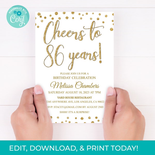 86th Birthday Invitation 86th Invite Gold Glitter Invitation, Cheers to 86 Years Printable Instant Download, Any Age