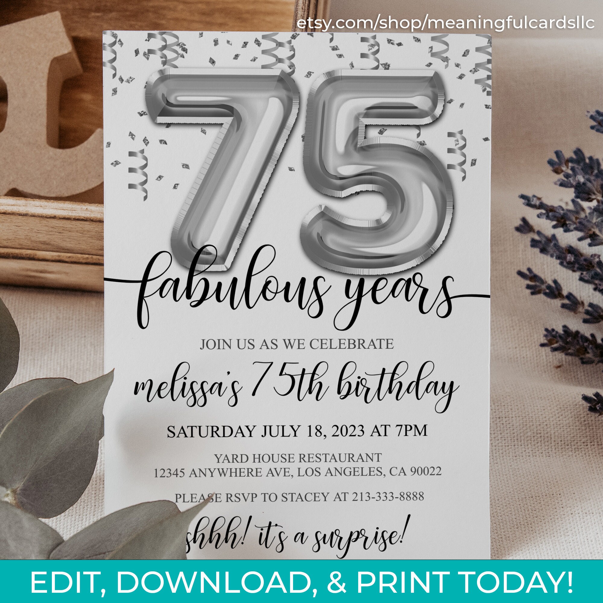 75th Birthday Editable Invitation 75th Invite Silver Balloons Party, for Him or Her Instant Download Printable, Editable DIY - Etsy for Free Printable 75th Birthday Invitation Templates
