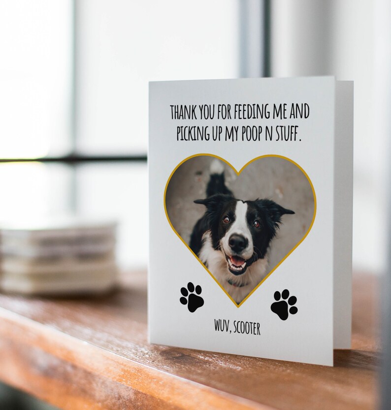 May include: A white card with a black and white dog photo inside a gold heart shape. The card says "Thank you for feeding me and picking up my poop n stuff. WUV, SCOOTER".