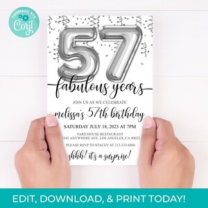 57th Birthday Editable Invitation 57th Invite Silver Balloons Party, For Him or Her Instant Download Printable, Editable DIY