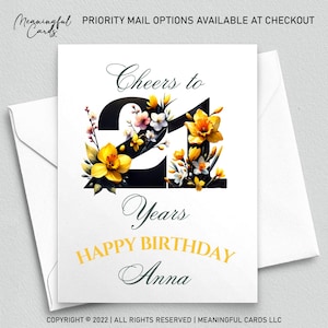 Conception florale personnalisée de carte de 21e anniversaire, carte de 21e anniversaire personnalisée avec des fleurs