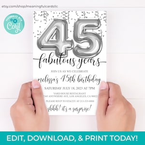 45th Birthday Editable Invitation 45th Invite Silver Balloons Party, For Him or Her Instant Download Printable, Editable DIY