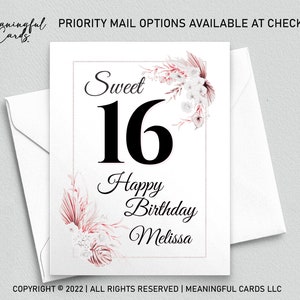 Carte de 16e anniversaire personnalisée avec nom, carte d'anniversaire douce seize ans, carte de seizième anniversaire, carte florale bohème