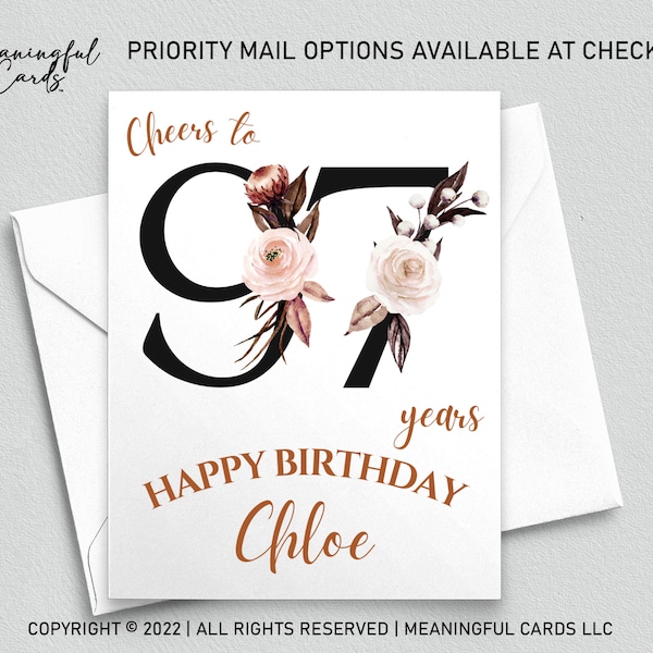 97th Birthday Card Personalized Birthday Card, Cheers to 97 Years Custom Birthday Card, Boho Birthday Card, White Pink Brown