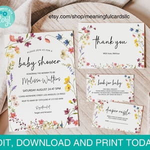 Plantillas editables para baby shower con flores silvestres. Descarga instantánea e imprimible.
