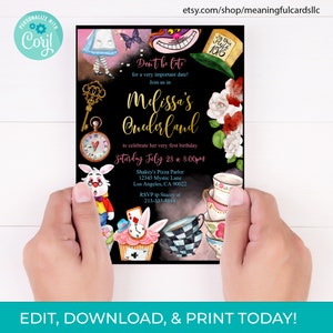 Editable Alice In Onderland Birthday Invitation Girl First Birthday 1st Onederland Tea Party Printable Template - 0110