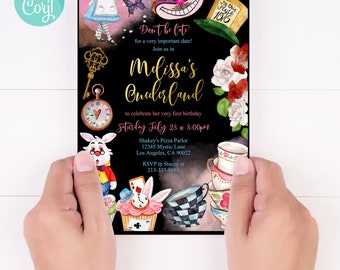 May include: A black and white invitation with a whimsical Alice in Wonderland theme. The invitation features a gold inscription that reads "Melissa's Onederland" to celebrate her first birthday. The invitation includes details for the party, including the date, time, and location. The invitation also includes a whimsical illustration of Alice in Wonderland characters, including the Mad Hatter, the White Rabbit, and the Cheshire Cat.