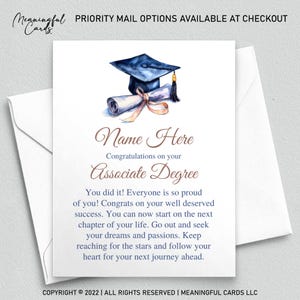 May include: A graduation card with a watercolor illustration of a blue mortarboard and diploma tied with a ribbon. The card reads "Name Here" and "Congratulations on your Associate Degree". The card is inside a white envelope.