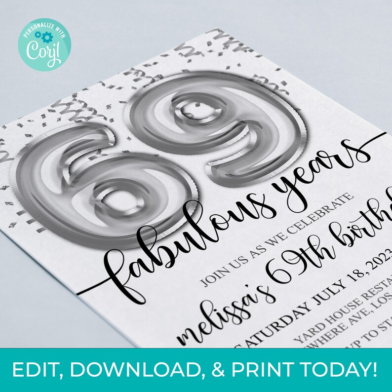 69th Birthday Invitation, Silver Balloons, Editable Party Invite ...