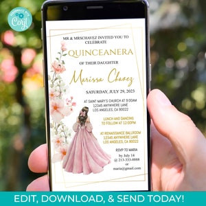 Pink Gold Quinceañera Digital Invitation, Editable 15th Birthday Party Invite Template, Mis Quince Anos, digital mobile phone invitation