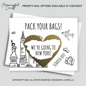 Faites vos bagages Carte de voyage surprise, carte à gratter, cadeau New York, carte surprise à gratter, carte de vacances surprise Nous allons à New York