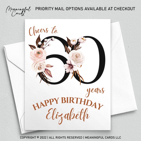 60th Birthday Card Personalized Birthday Card, Cheers to 60 Years Custom Birthday Card, Boho Birthday Card, White Pink Brown