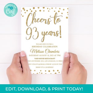 93rd Birthday Invitation 93rd Invite Gold Glitter Invitation, Editable 93 Years Printable Instant Download, DIY