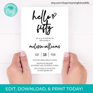 50th Birthday Invitation: Minimalist Hello Fifty Design (Digital Download)