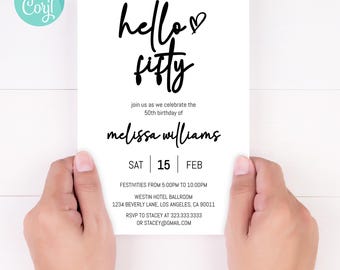Invitación de 50 cumpleaños: Diseño minimalista "Hola Cincuenta" (Descarga digital)