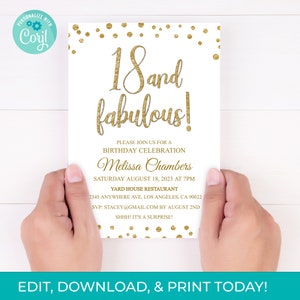 18th Birthday Invitation 18th Invite Gold Glitter Invitation, 18 and Fabulous Printable Instant Download, DIY