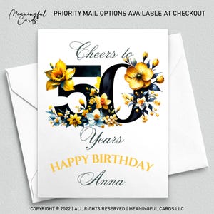 Conception florale personnalisée de carte de 50e anniversaire, carte de cinquantième anniversaire personnalisée avec des fleurs
