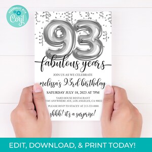 93rd Birthday Invitation: Silver Balloons, Editable Party Invite (Digital Download)