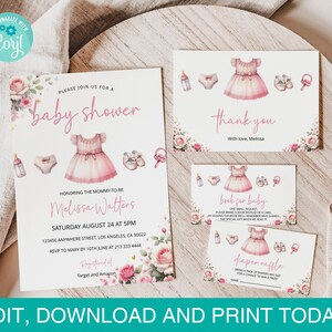 Bewerkbare babymeisje douche uitnodiging bundel sjablonen roze babykleding, baby boy douche sjabloon set, instant download, afdrukbare sjabloon