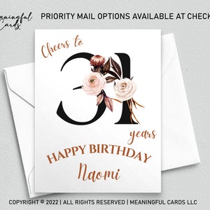 31st Birthday Card Personalized Birthday Card, Cheers to 31 Years Custom Birthday Card, Boho Birthday Card, Customized Birthday Card