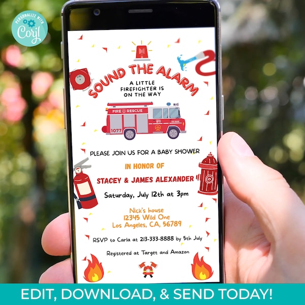 Firefighter Baby Shower Digital Invitation, A Little Fireman is on the Way Invite Template, Editable Digital Instant Download Mobile Text