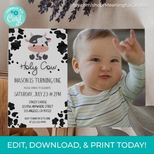 Convite de aniversário de menino Holy Cow Boy editável com foto Holy Cow I'm One Convite Farm Cow Primeiro aniversário Modelo Download instantâneo - 0108