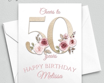 Personalisierte Karte zum 50. Geburtstag, rosa-goldenes Boho-Blumenmuster