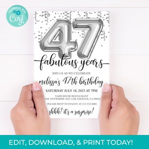 47th Birthday Editable Invitation 47th Invite Silver Balloons Party, For Him or Her Instant Download Printable, Editable DIY