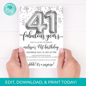 41st Birthday Editable Invitation 41st Invite Silver Balloons Party, For Him or Her Instant Download Printable, Editable DIY