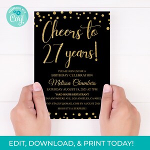 27th Birthday Invitation 27th Invite Black Gold Glitter Invitation, Editable 27 Years Printable Instant Download, DIY
