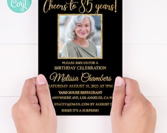 85th Birthday Invitation, Black and Gold Photo, Editable Template (Digital Download)