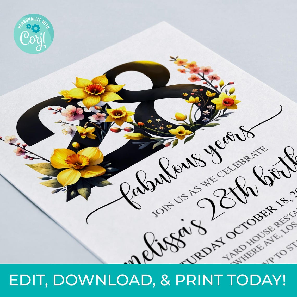 Floral 28th Birthday Invitation Template: Elegant Printable (digital ...
