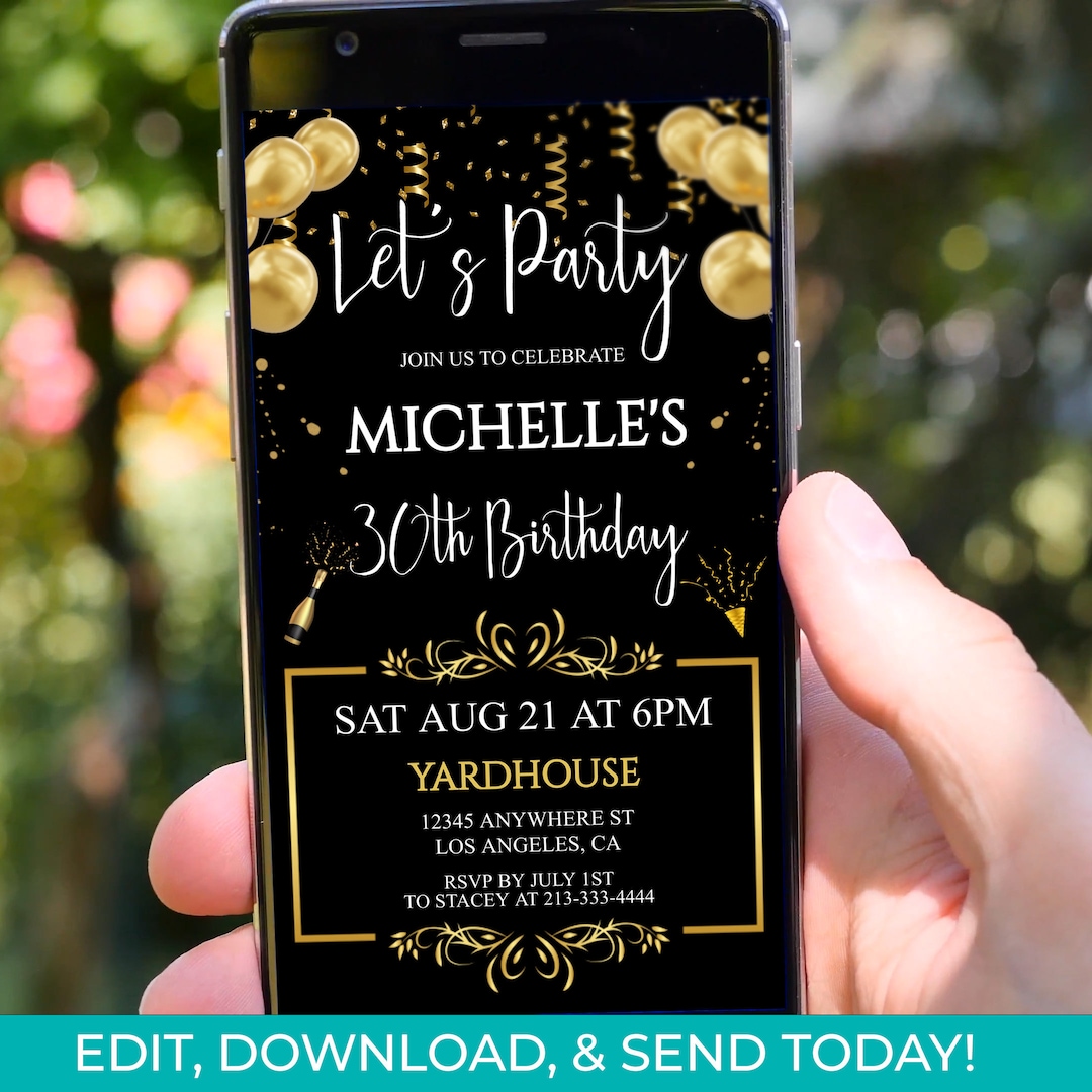 Editable Black and Gold Birthday Invitation, Mobile Text Invite ...