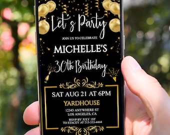 Editable birthday party digital invitation,text invitation black & gold instant download,dinner party digital invite,mobile phone invitation
