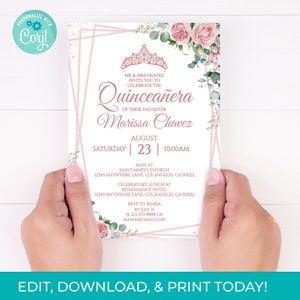 Pink and White Floral Quinceañera Invitation, Editable 15th Birthday Party Invite Template, Mis Quince Anos, Instant Download