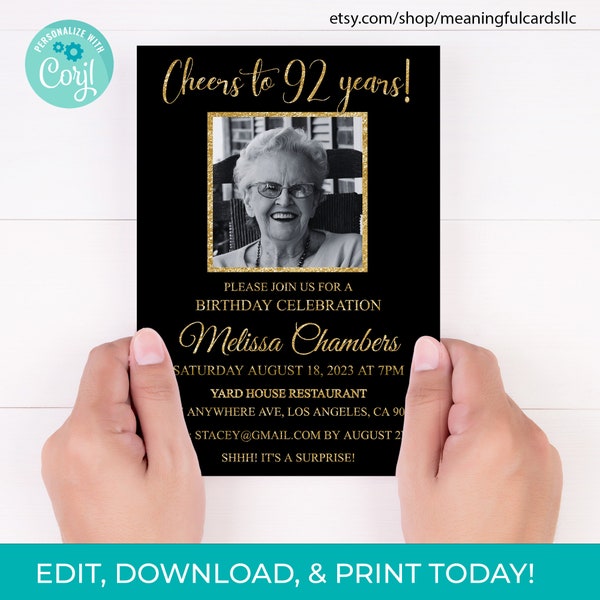 92nd Birthday Invitation with Photo 92nd Invite Black Gold Digital Invitation Picture, Cheers to 92 Years Printable Download, Any Age