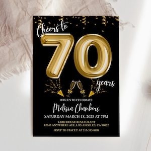 Invitation modifiable du 70e anniversaire Invitation du 70e anniversaire en or, ballons, pour lui ou pour elle Téléchargement immédiat Imprimable, modifiable DIY