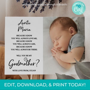 Você será minha madrinha minimalista editável com foto para download para impressão, cartão de madrinha, proposta de madrinha para download instantâneo