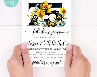 Floral 75th Birthday Invitation Template: Elegant Printable (Digital Download)
