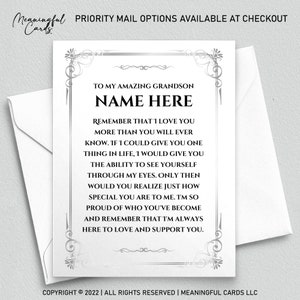 Carte personnalisée personnalisée pour petit-fils, carte sentimentale de petit-fils attentionné, carte d'anniversaire pour petit-fils