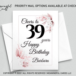 Carte d'anniversaire personnalisée, carte d'anniversaire personnalisée à 39 ans, carte d'anniversaire bohème, carte d'anniversaire personnalisée