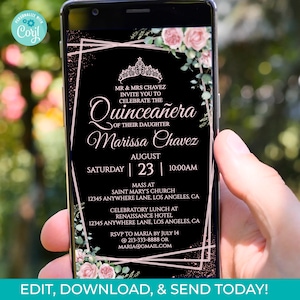 Pink Black Quinceañera Digital Invitation, Editable 15th Birthday Party Invite Template, Mis Quince Anos, digital mobile phone invitation