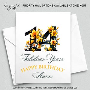 Conception florale personnalisée de carte de 14e anniversaire, carte de quatorzième anniversaire personnalisée avec des fleurs