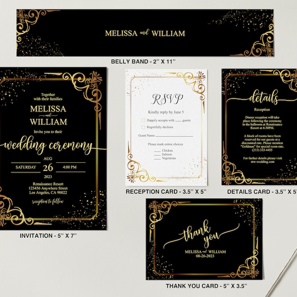 Editable Black Gold Modern Wedding Invitation Template Set, Black Gold Wedding Invite, INSTANT DOWNLOAD, Printable Template, Bundle 5