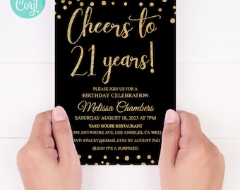 Black and Gold Glitter 21st Birthday Invitation (Digital Download)