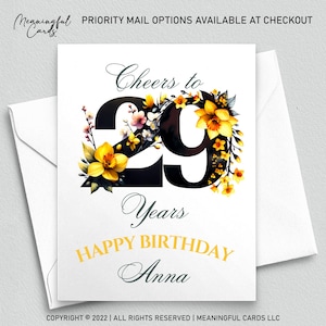 Conception florale personnalisée de carte de 29e anniversaire, carte personnalisée de vingt-neuvième anniversaire avec des fleurs
