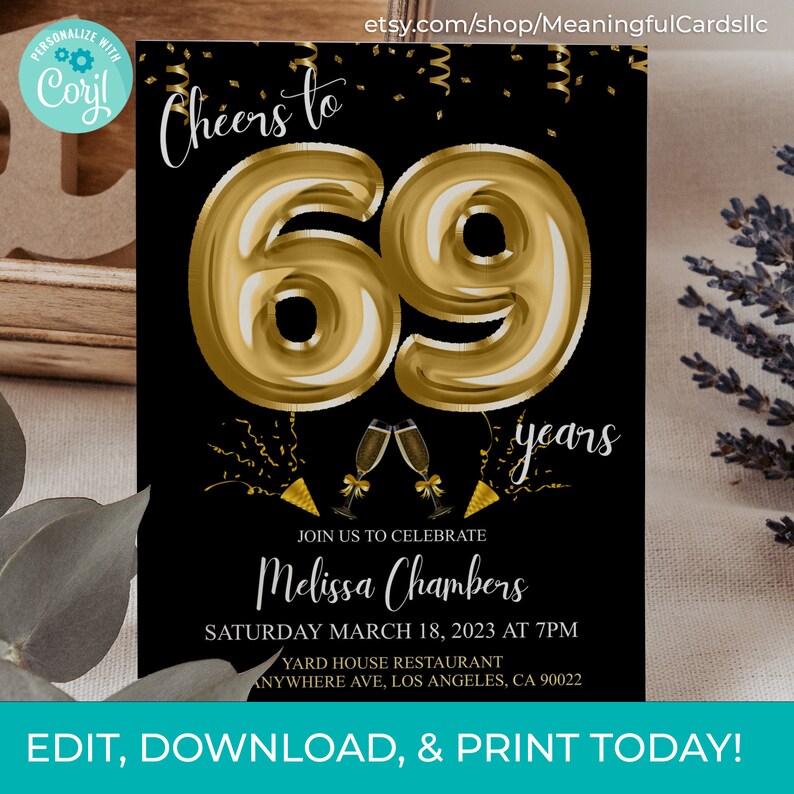 69th Birthday Invitation, Black and Gold Balloons (digital Download) - Etsy