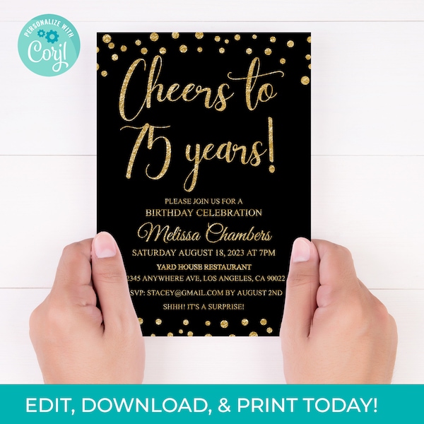 75th Birthday Invitation 75th Invite Black Gold Glitter Invitation, Cheers to 75 Years Printable Instant Download, Any Age