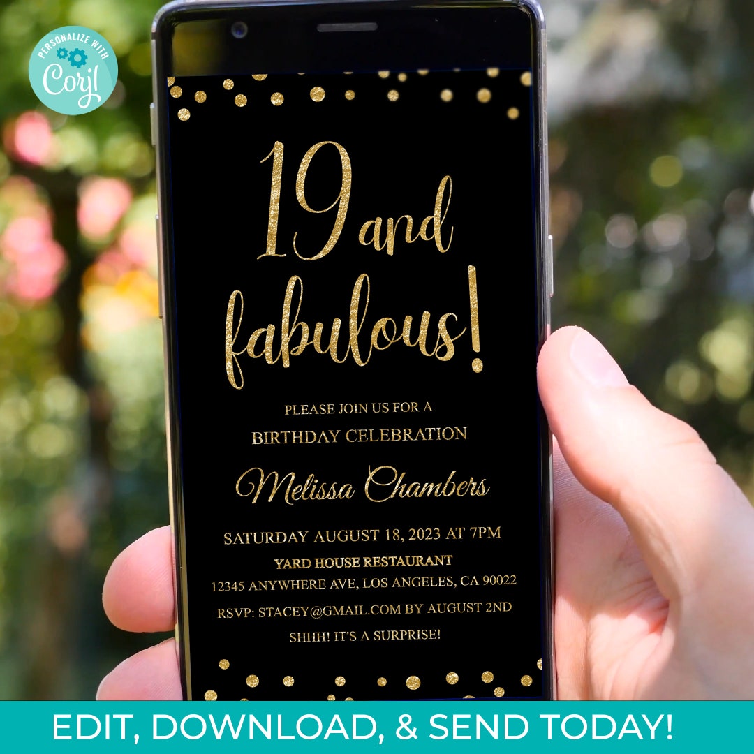 19th Birthday Invitation: Gold Glitter, Black (digital Download) - Etsy