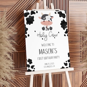 Bearbeitbares Heilige Kuh Junge Thema Erster Geburtstag Willkommen Schild zum ausdrucken, Farm Kuh Erster Geburtstag Willkommen Vorlage, Digital Sofort Download
